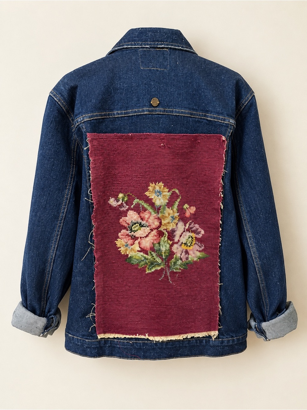 Denim Jacket with Floral Burgundy Patchback